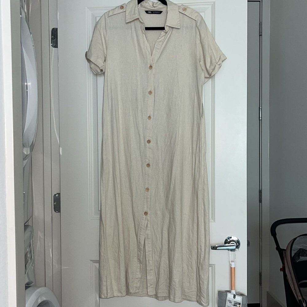 Zara Shortsleeve Button Down Midi Shirt Dress Linen Blend Ecru Sz M